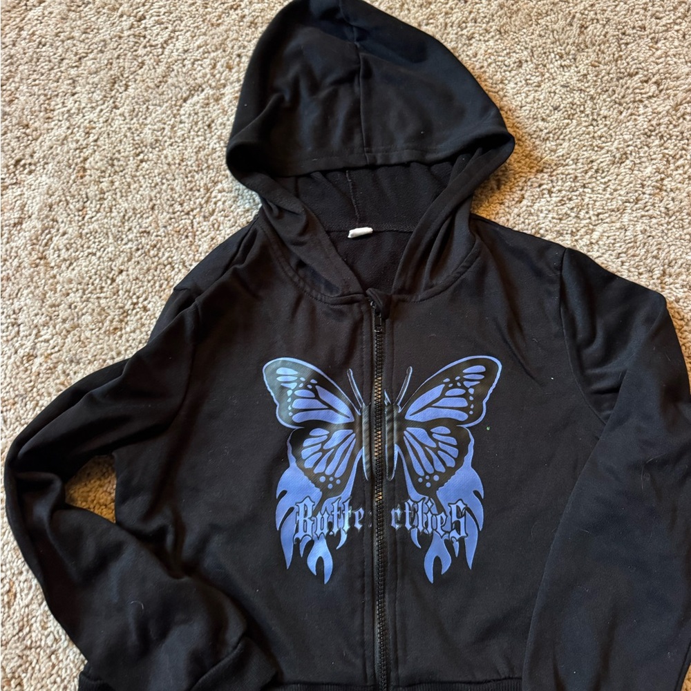SHEIN Black Hoodie with Blue Butterfly Design